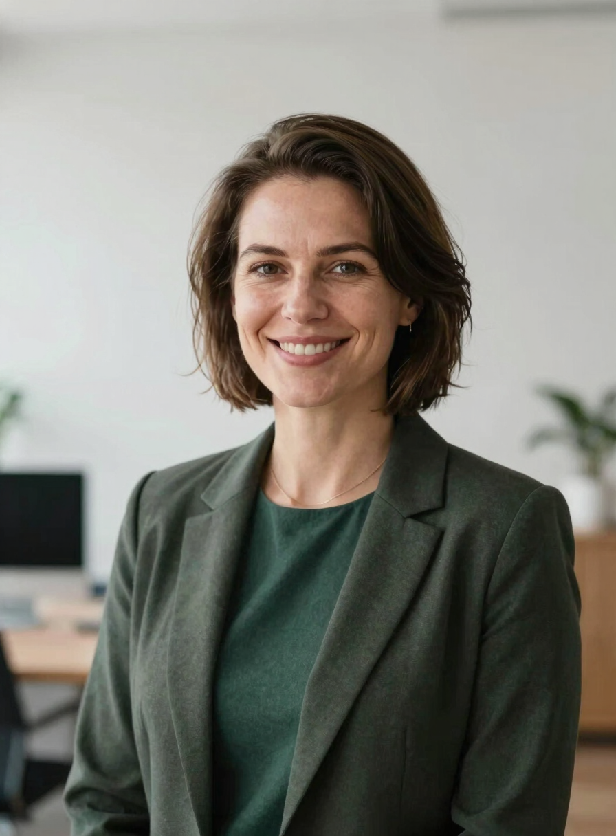 Portrait of a professional woman with a warm, genuine smile, soft natural overcast light, minimalist Baltic office background, muted tones, editorial corporate photography, 35mm lens, realistic