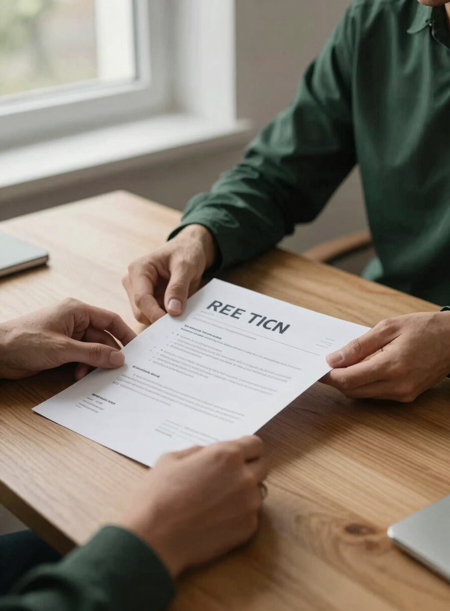 Hands reviewing printed CVs on a warm oak table, soft natural overcast daylight filtering through a window, minimalist Baltic office setting, editorial corporate photography, muted earth tones and deep green accents, 35mm lens, realistic