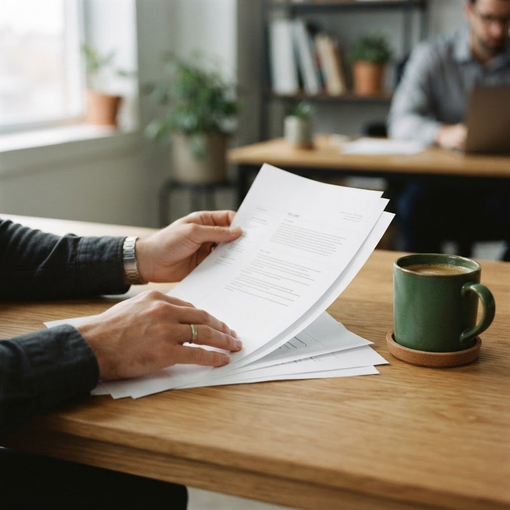 Hands reviewing printed resume on a warm oak table, soft northern overcast daylight, deep green ceramic cup nearby, professional atmosphere, editorial corporate photography, 35mm lens