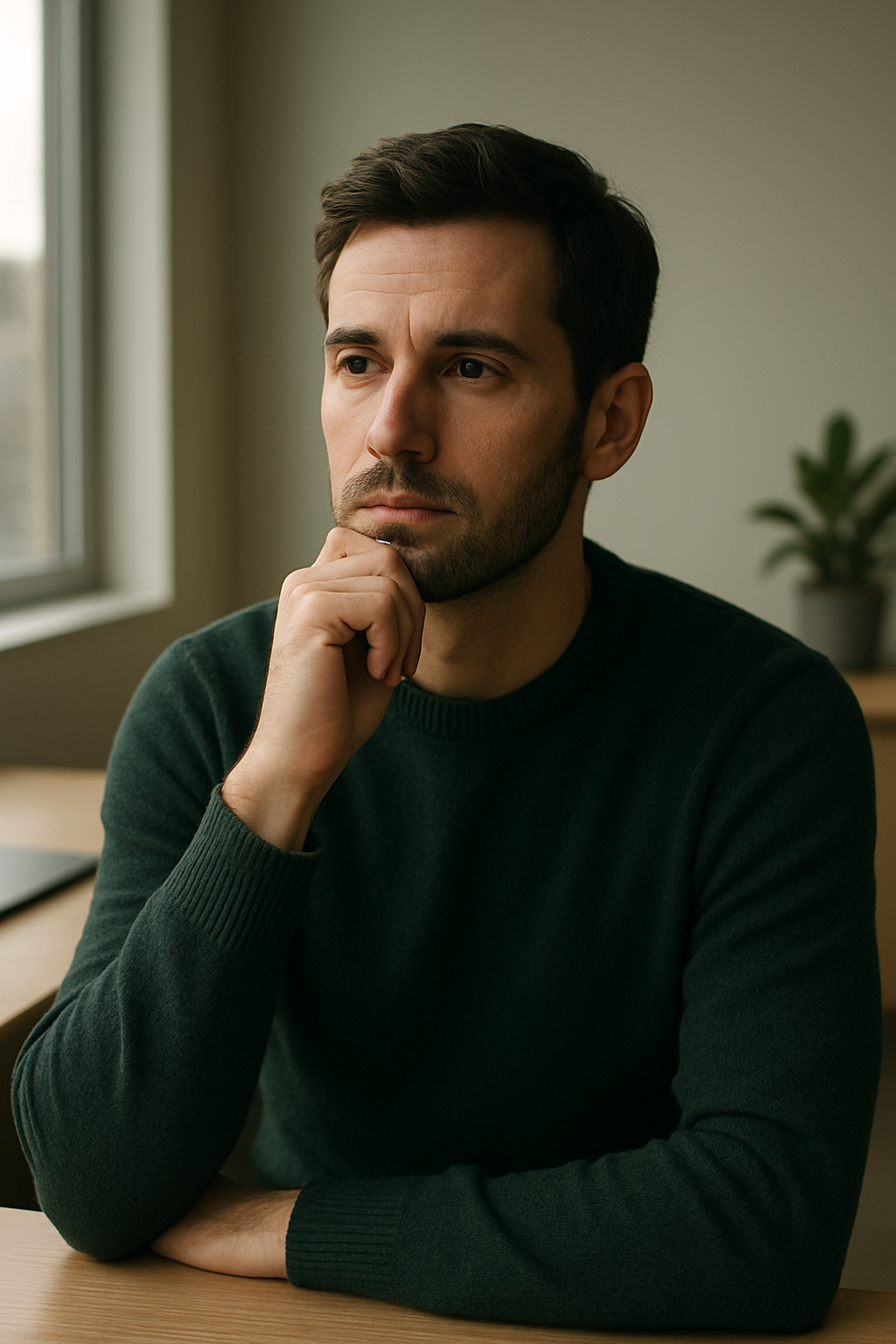 Portrait of a professional man in a dark green sweater, thoughtful expression, soft natural daylight, minimalist office setting, editorial corporate photography, muted earth tones, 35mm lens, realistic