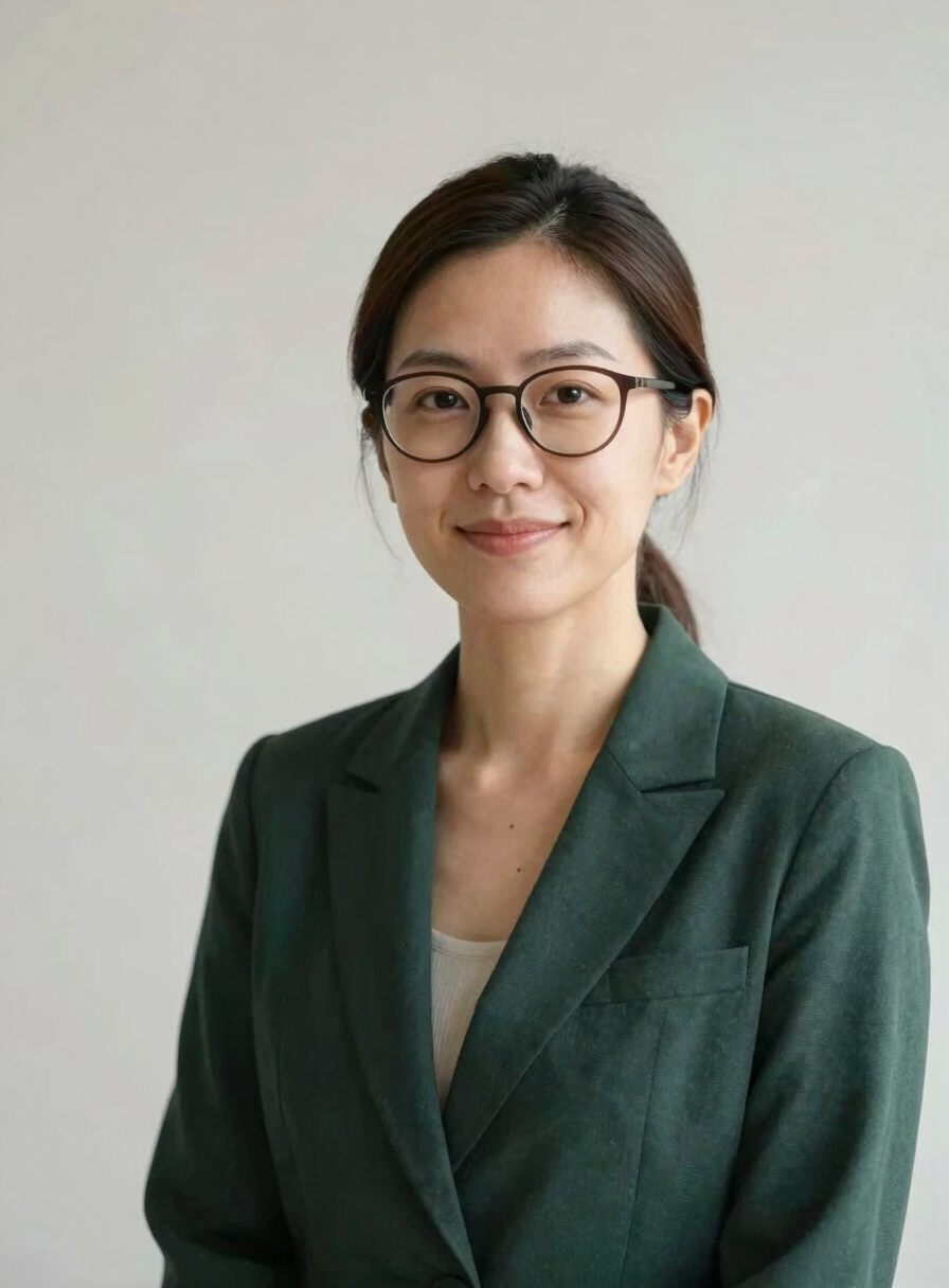 Portrait of a professional woman with glasses, warm and approachable, soft natural lighting, clean minimalist background, editorial corporate photography, muted tones, 35mm lens, realistic